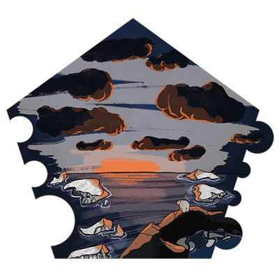 a little is a the top of the volcanic mountain. He is watching the sun setting.