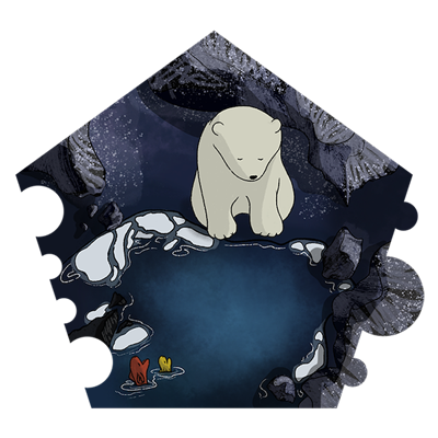 the little bear is sitting next to the summit lake, watching his reflection in the water and looking sad.