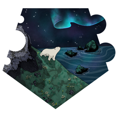 the little polar bear is heading down the mountain, through grass and flowers. The Northern Lights are shinning.