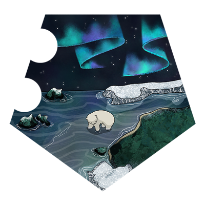 The little polar bear is in the water at the feet of the mountain, playing. The Northern Lights are shinning.
