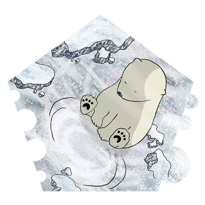 A lonely polar little bear sitting on the ice, looking bored.