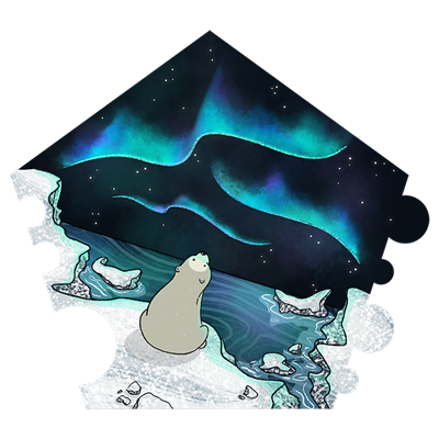a little bear sitting on an ice cliff, looking at the northern lights in the sky.