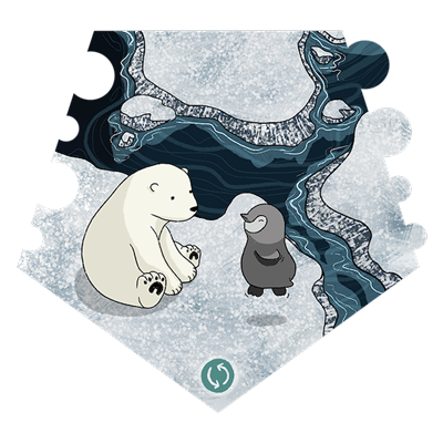 a little penguin and a little polar bear are sitting on the ice and talking.