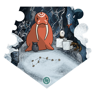 a red walrus is sitting in a cave, with talismans around him.