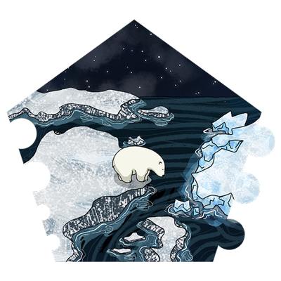 a little polar bear is standing on the edge of an icefloe, looking on the other side, terrified.