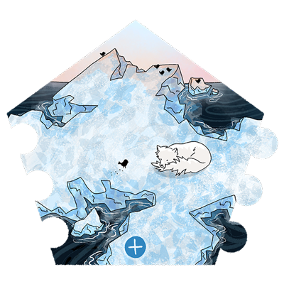 a little fox is sleeping on the ice, surrounded by black little birds at sunrise.