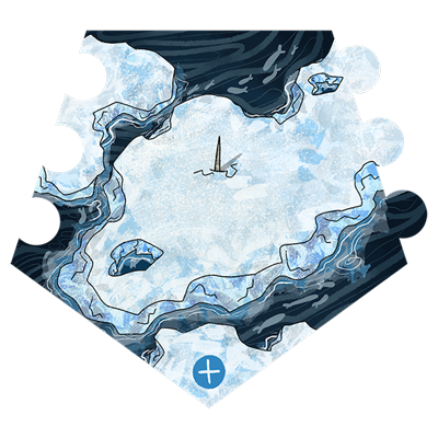 a tusk is sticking out from an icefloe. The ice has several round looking holes on its surface.