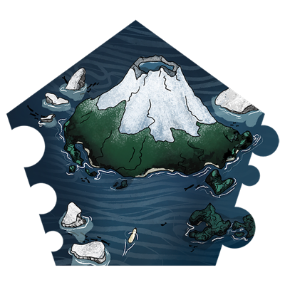 a tall volcanic mountain can be seen in the distance, a little polar bear is swimming towards it