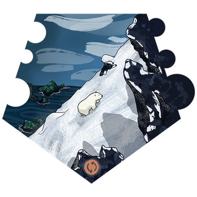 a little polar bear is climbing up a steep snow slope.