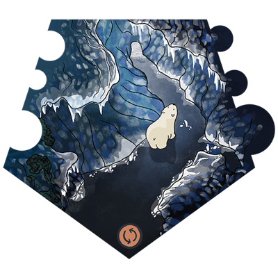 a little polar bear is walking through an ice tunnel. Threatening icicles hang from the ceiling.