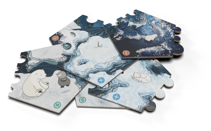 a stack of puzzle pieces, all of them with illustration and a symbol on their bottom edge.